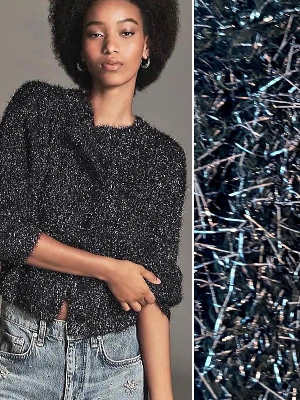 Anthropologie Boat Neck Sparkly Tinsel Cardigan Sweater Navy Blue XL NWT